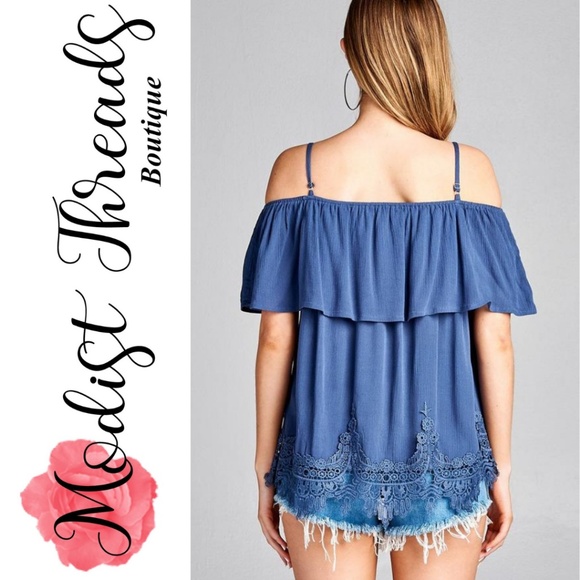 ⚡SALE⚡Blue Flounce Off The Shoulder Woven Crinkle - Picture 2 of 4